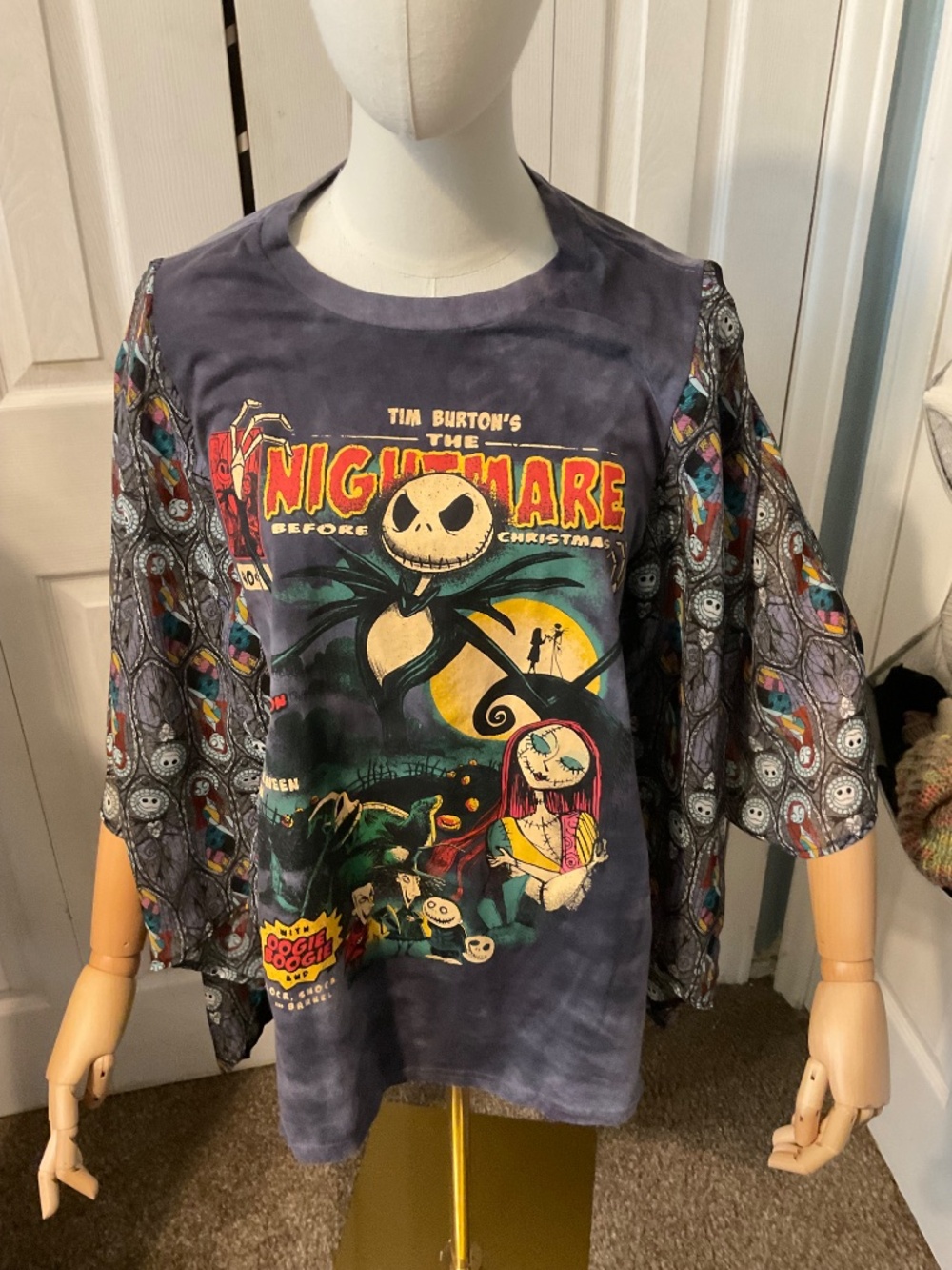 Nightmare Before Christmas Upcycled T-Shirt with Flowy Printed Sleeves - OSFM